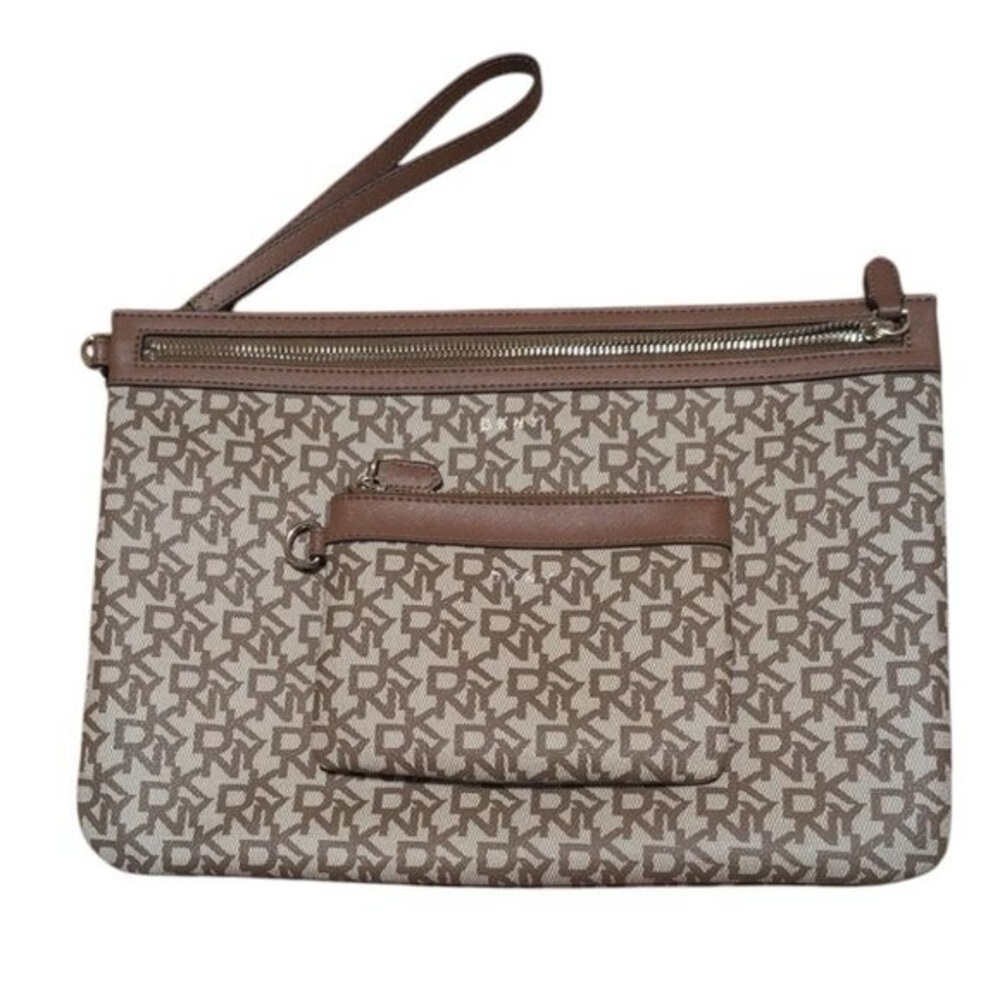 DKNY Brown Tan Clutch Separate Wallet zip clOne Sizee with removable handle